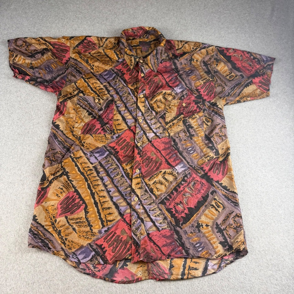 Vintage Swell 100% Silk Geometric Shirt Mens XL Short Sleeve Button Down